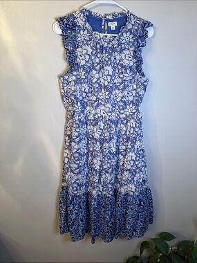 J. Crew Blue & White Floral Ruffle Sleeve Midi Dress
